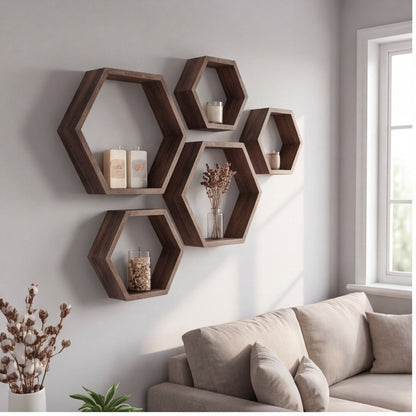Set of 5 Walnut Hexagon Floating Wall Shelves