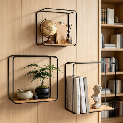 Set of 3 Wall Shelves, Metal and Wood, Black