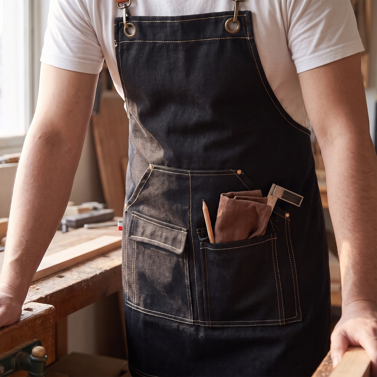 Deep angled pockets on the black WorkEase apron holding a cloth and a tool
