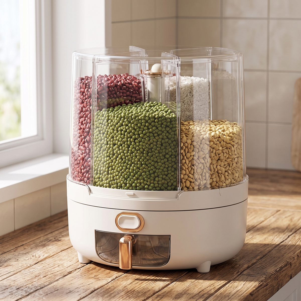 Carousel dispenser with grain levels visible through the clear drum