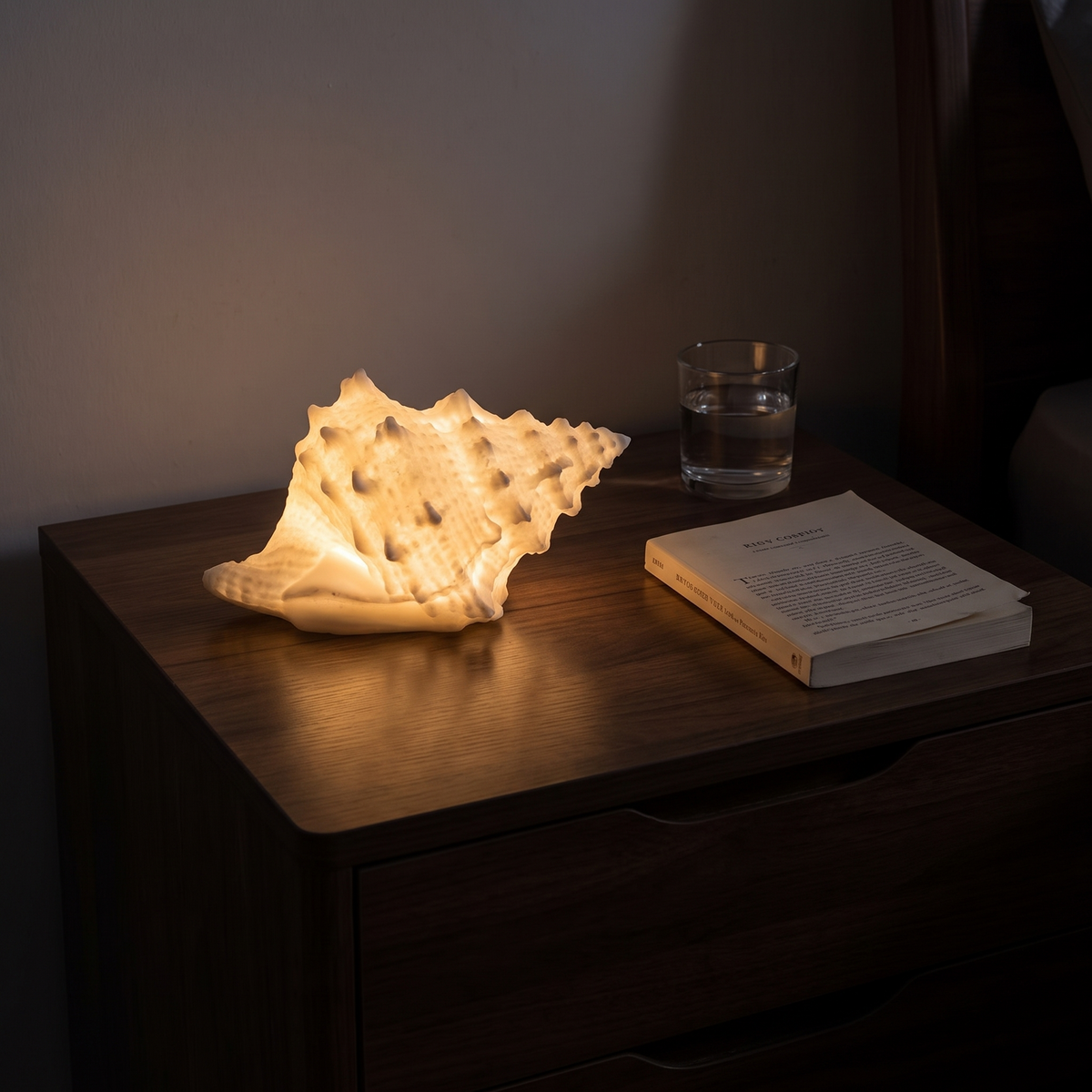 Marin conch light glowing on a bedside table at night with no cable