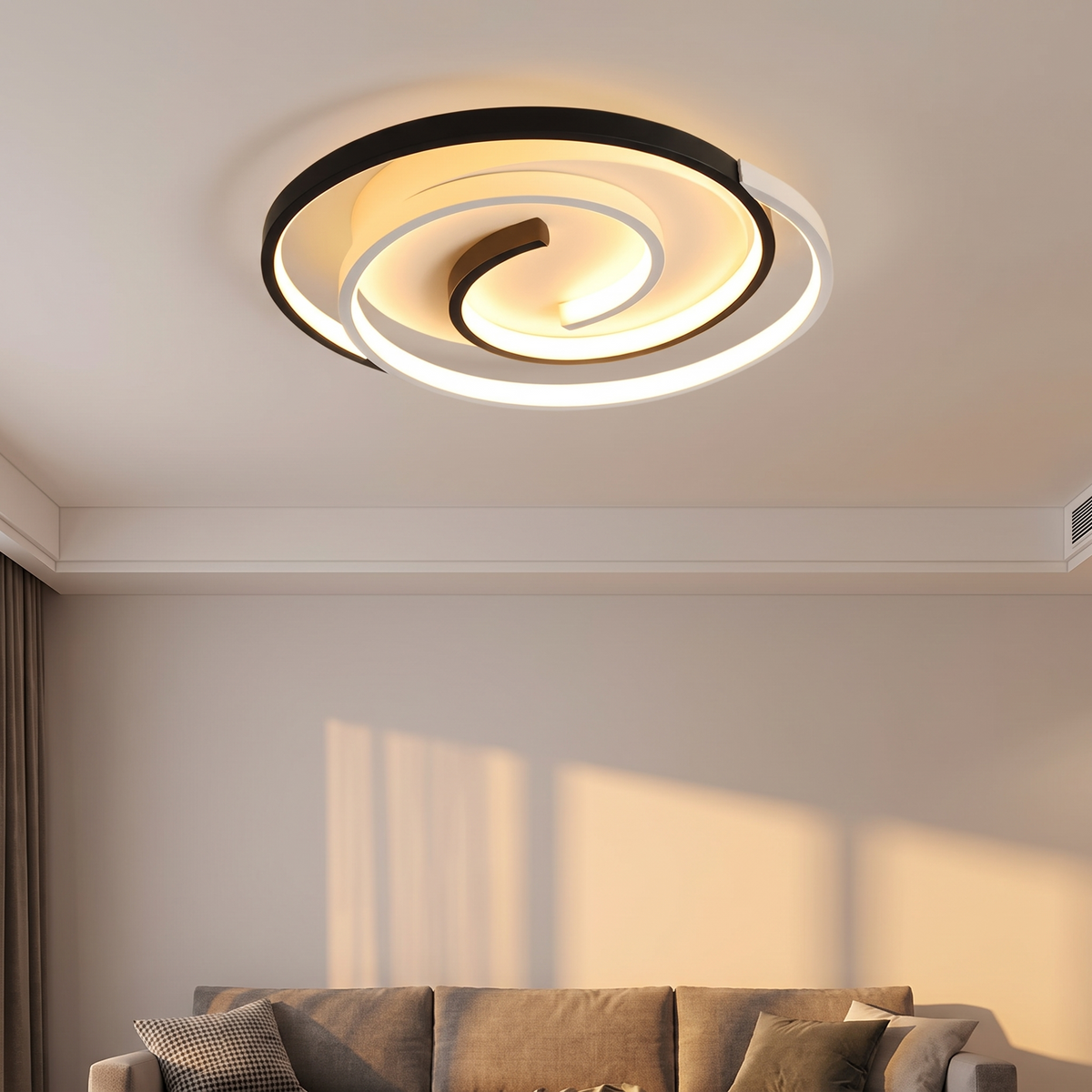 Swirl spiral ceiling light on a living room ceiling, shown at true scale