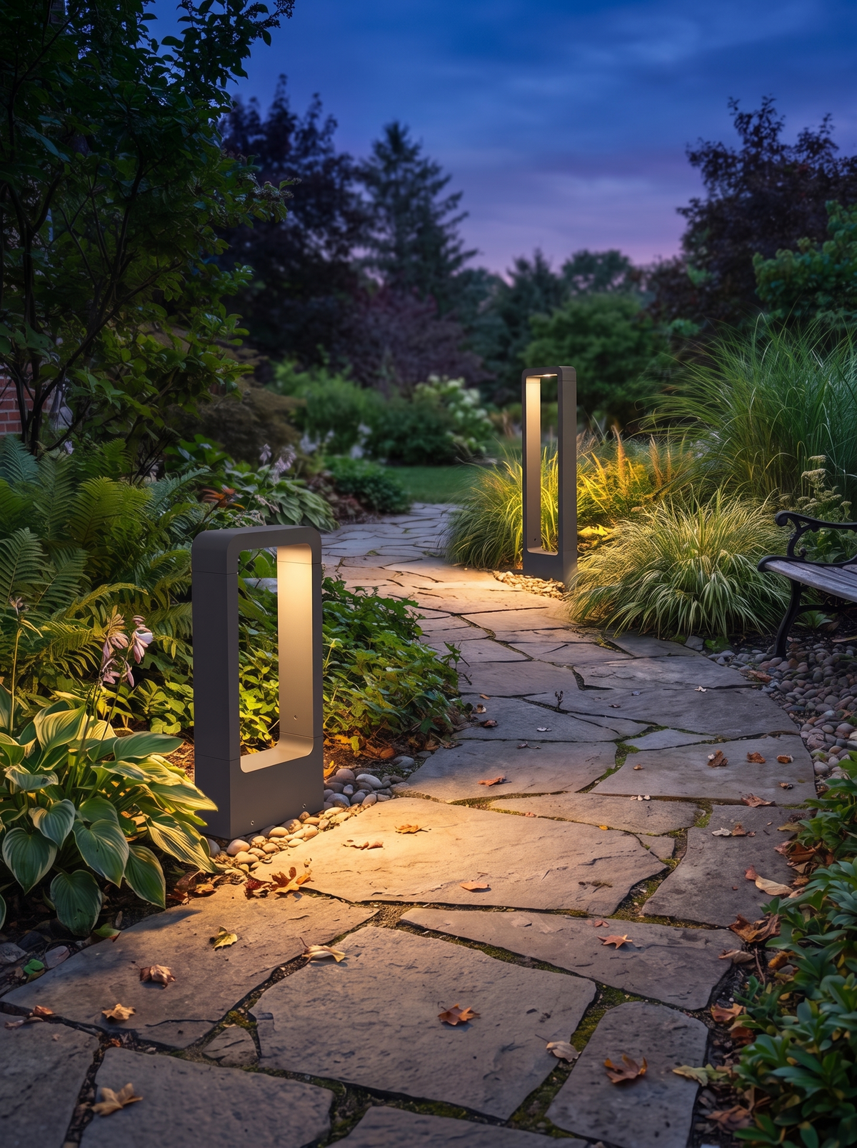 GardenGlow ground light beside a garden path at night