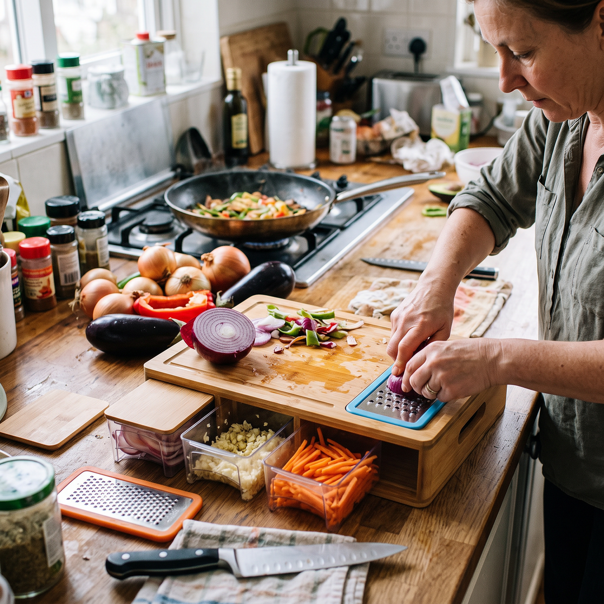 Bamboo Cutting Board with Storage Trays