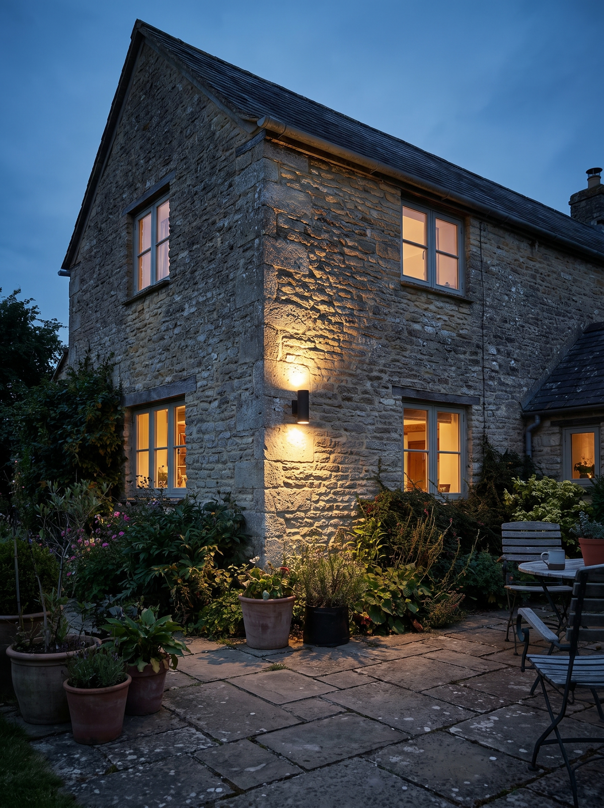 Up and down LED wall sconce washing a house facade at dusk