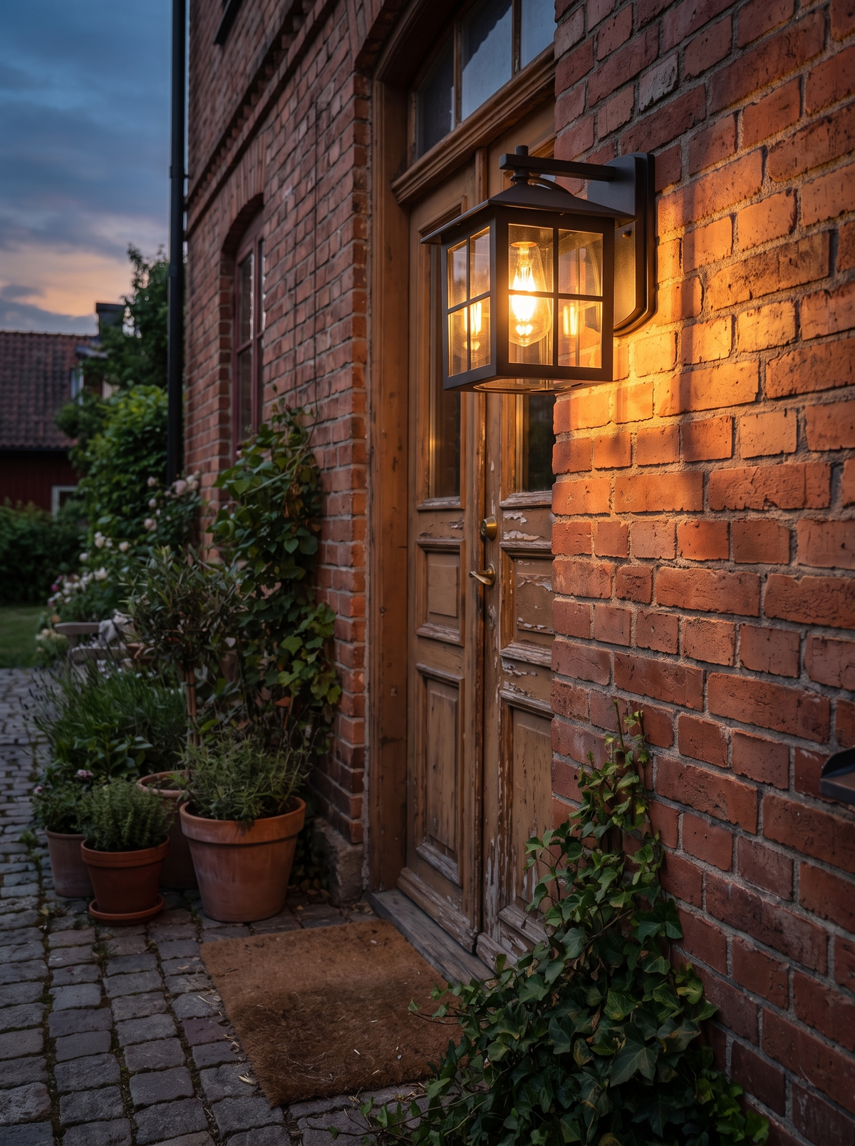 Camden vintage wall lantern beside a brick front door at dusk