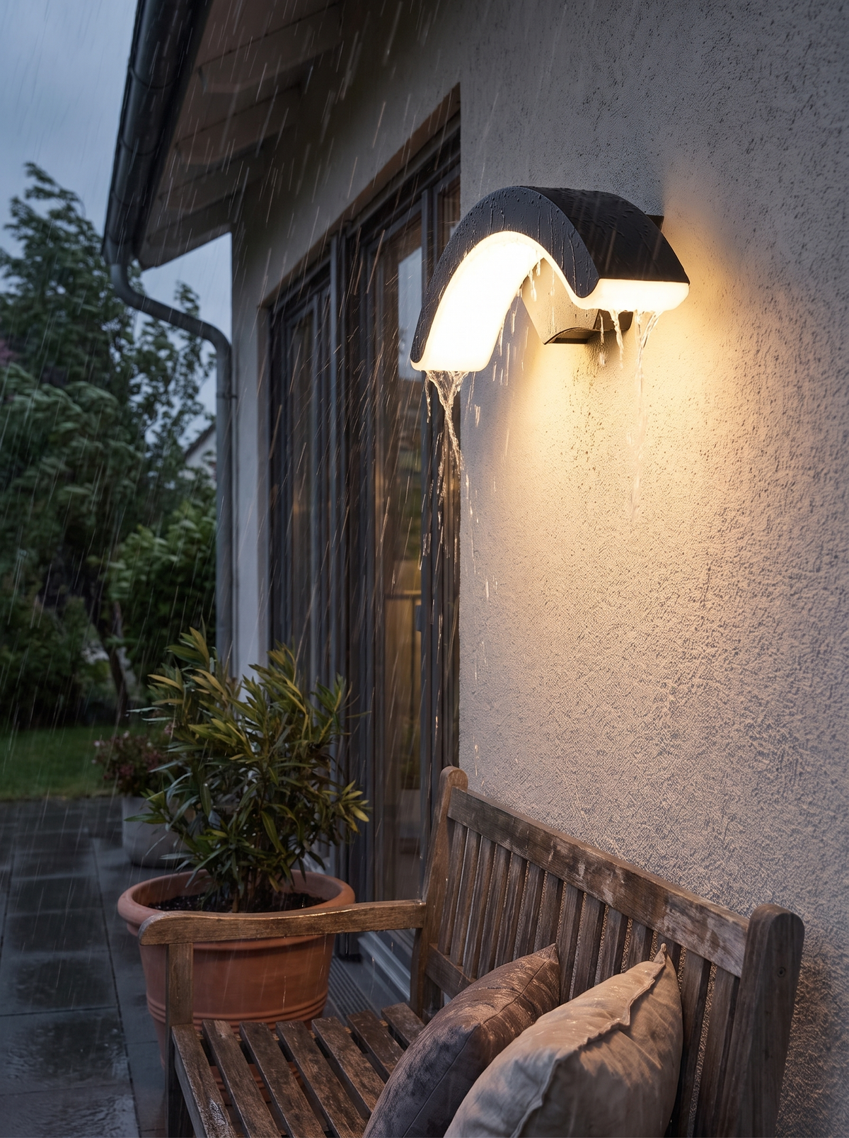 StormLite wall lantern lit on an exposed wall in driving rain