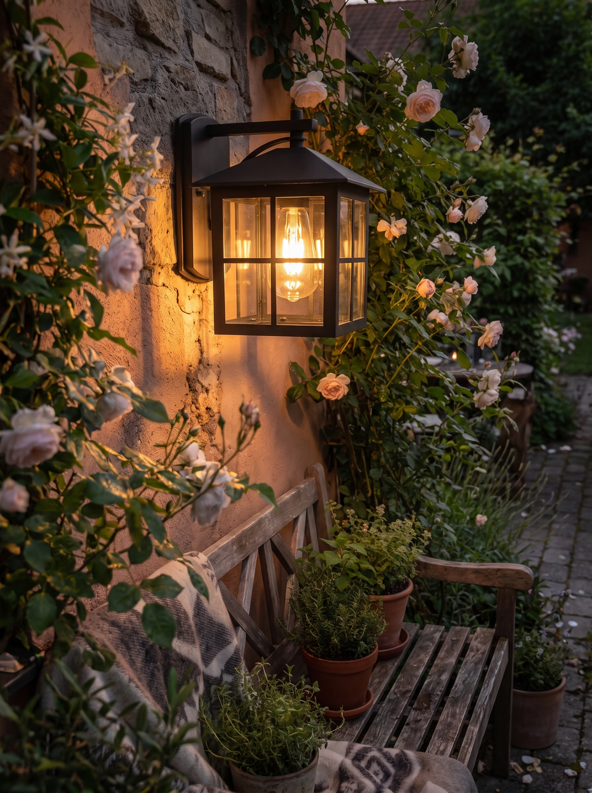 Camden lantern with a warm filament bulb behind clear glazing
