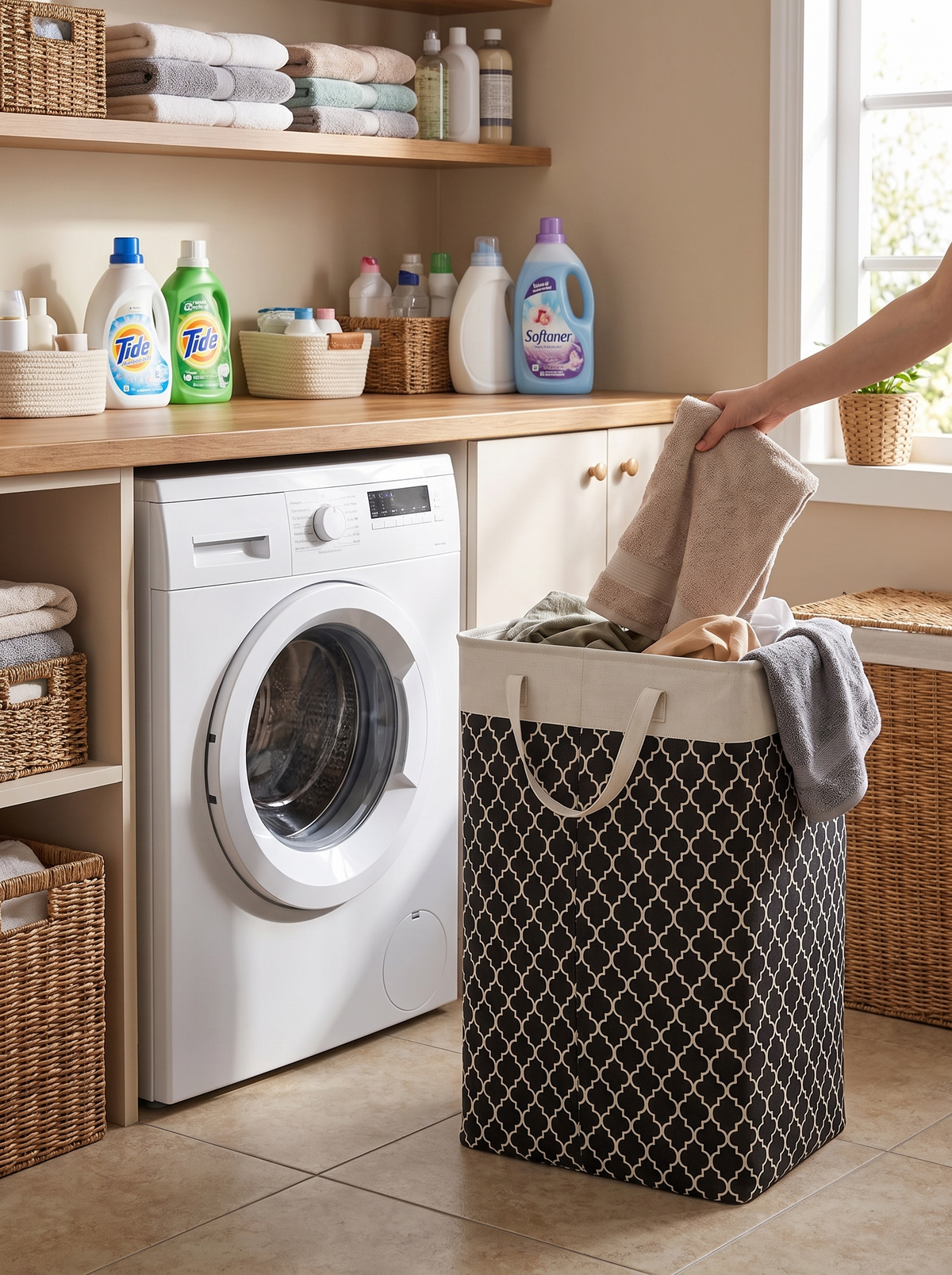 Large laundry basket filled with clothes in a home laundry room