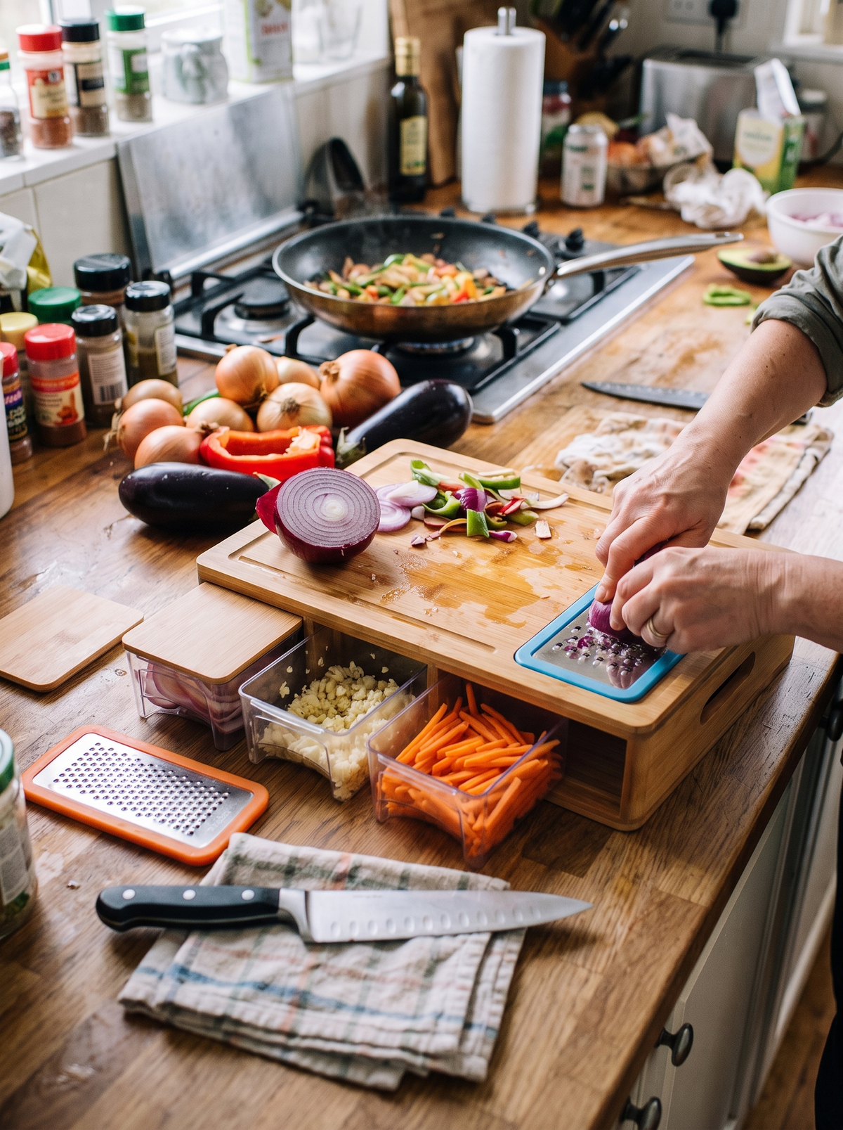 Bamboo prep board used as a grating station during food preparation