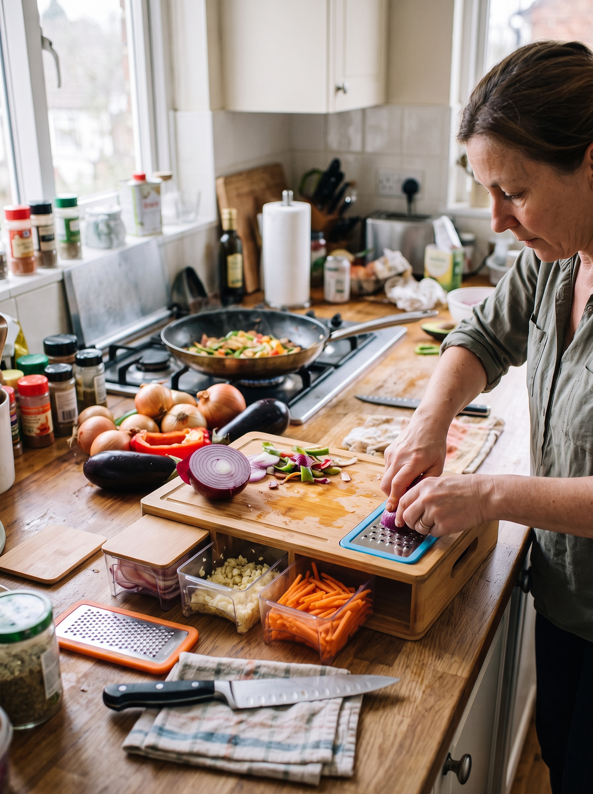 Bamboo cutting board prep station on a kitchen worktop with chopped vegetables