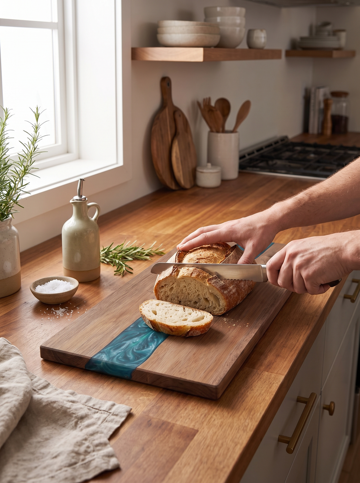 Acacia wood and resin serving board on a dining table