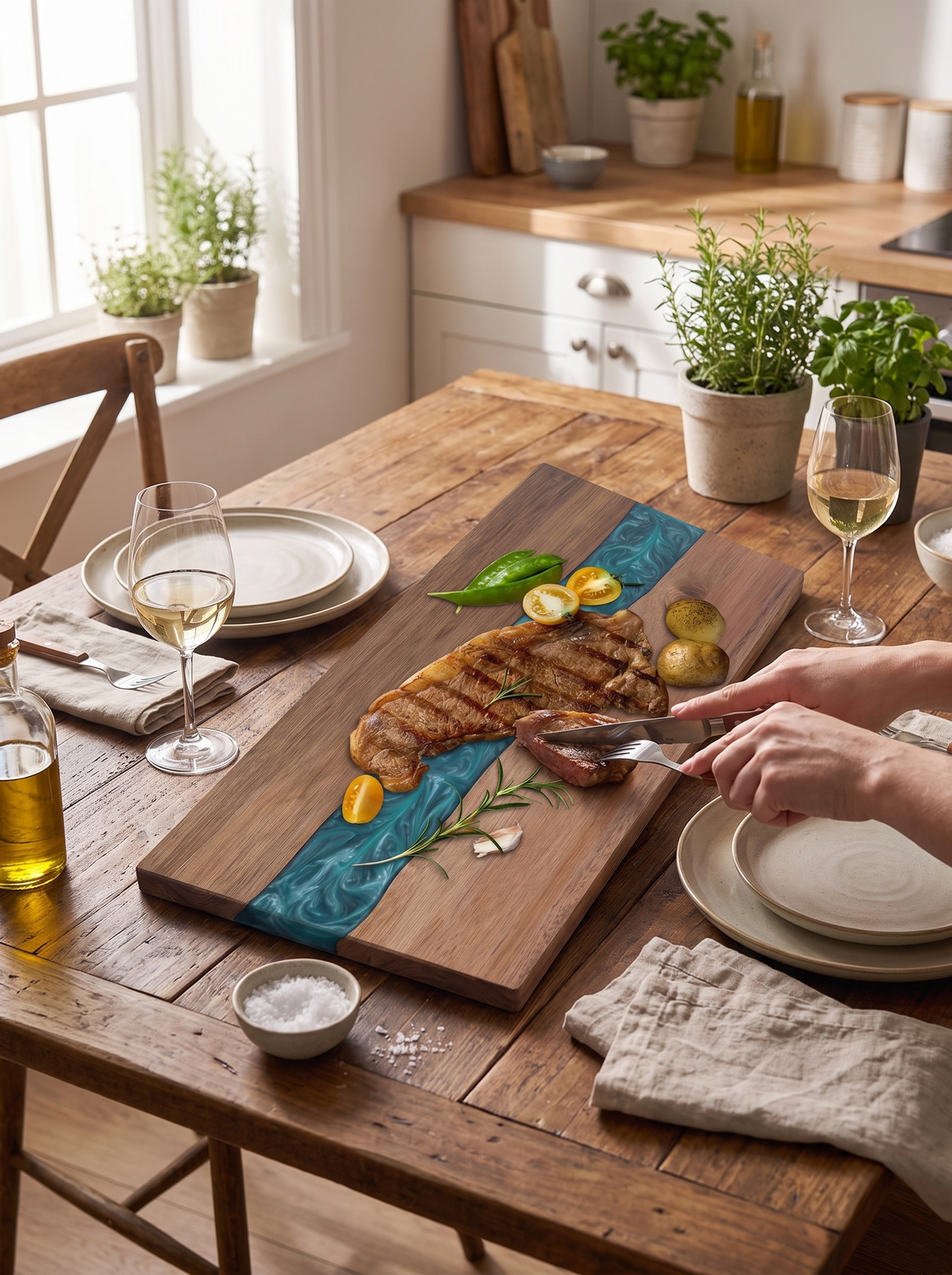Resin river cutting board on a kitchen counter in a modern home