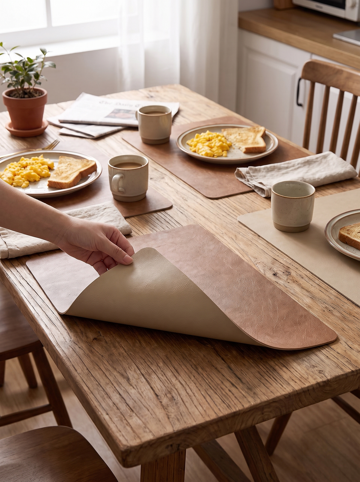 Hand flipping a reversible faux leather placemat