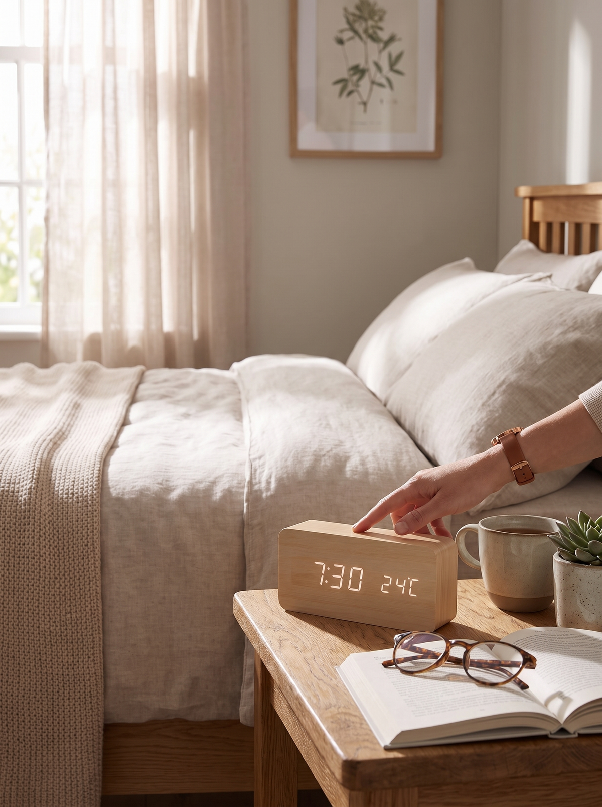 Wooden LED alarm clock on a bedside table in daylight