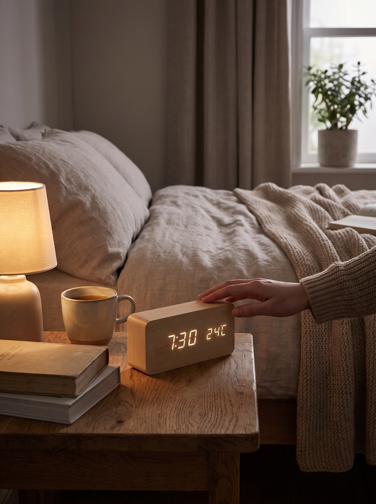 LED alarm clock glowing softly in a dim bedroom