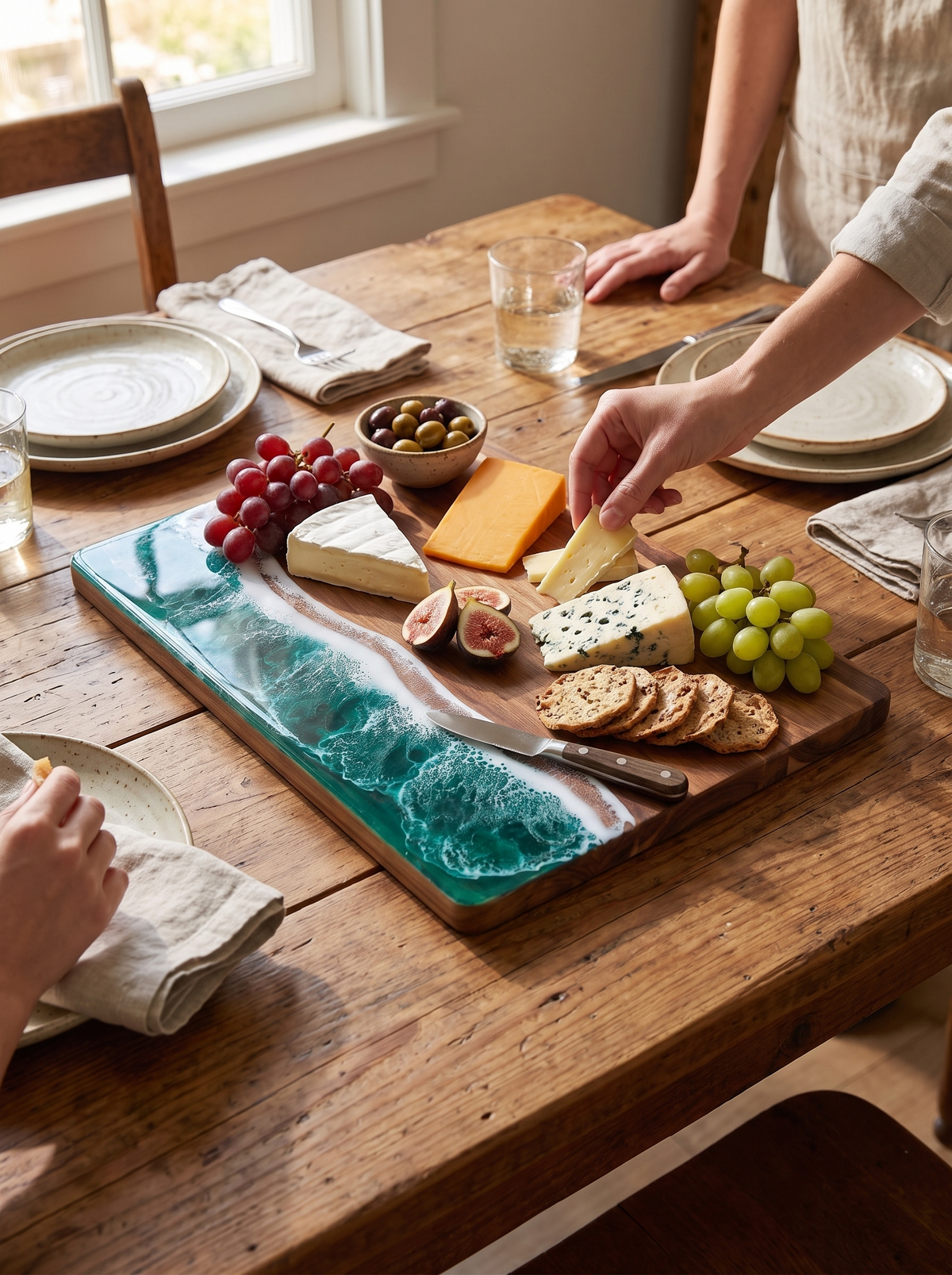 Resin and wood serving board on a dining table with cheese and fruit