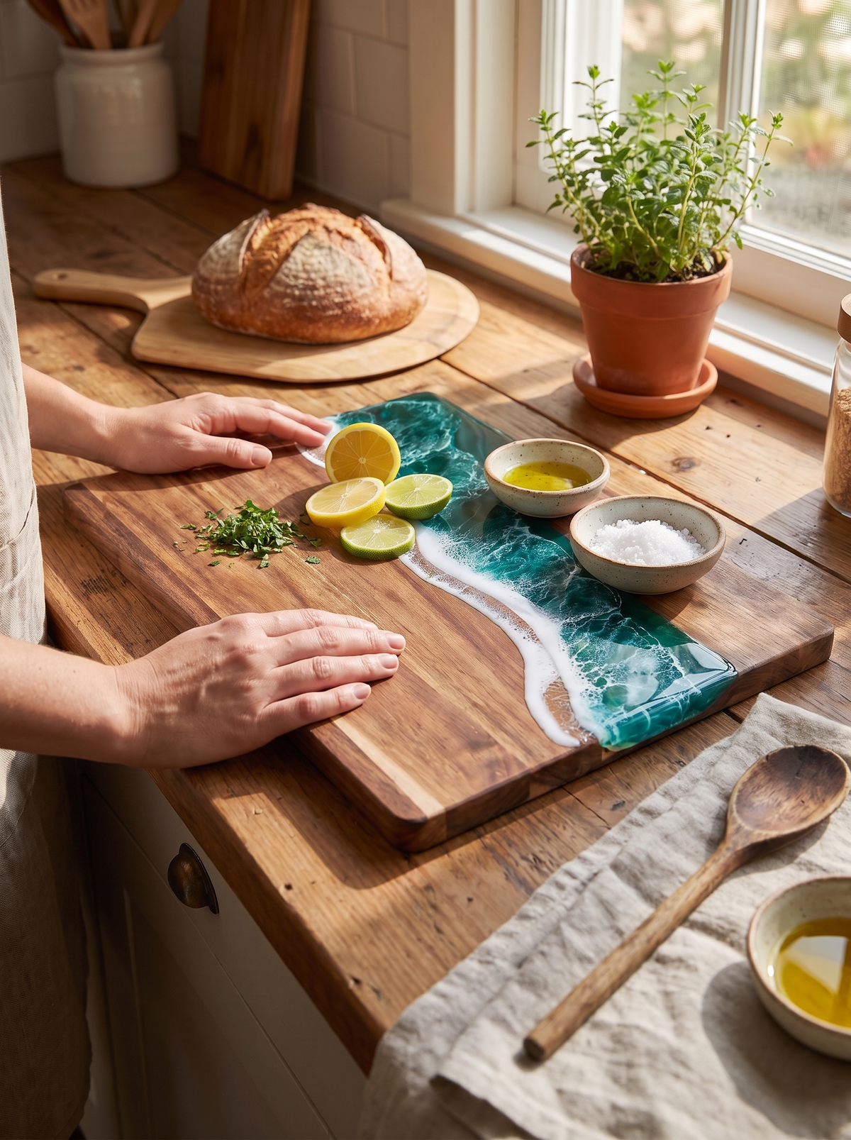 Acacia wood grain of the cutting board on a kitchen counter