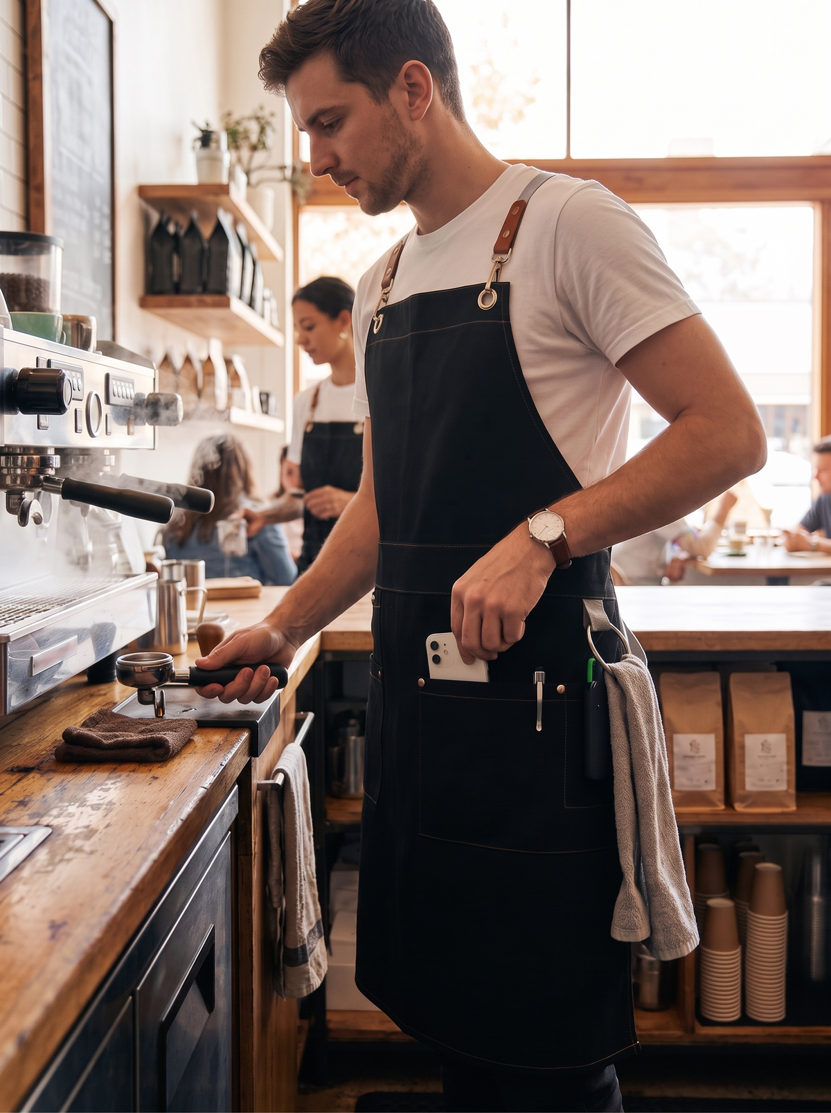 Waterproof canvas apron worn by an adult working in a kitchen