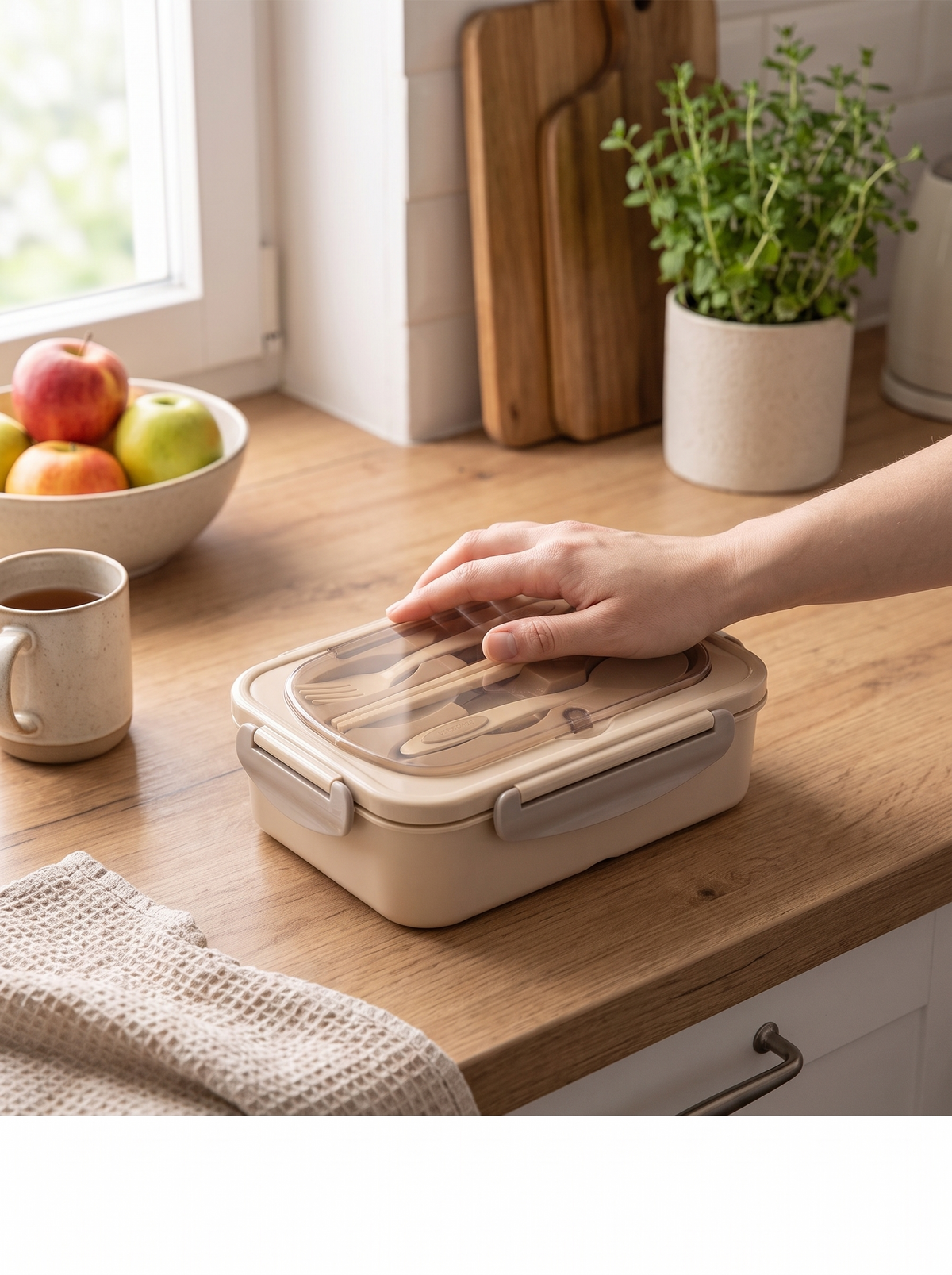 Hand pressing the bento box lid onto its sealed rim