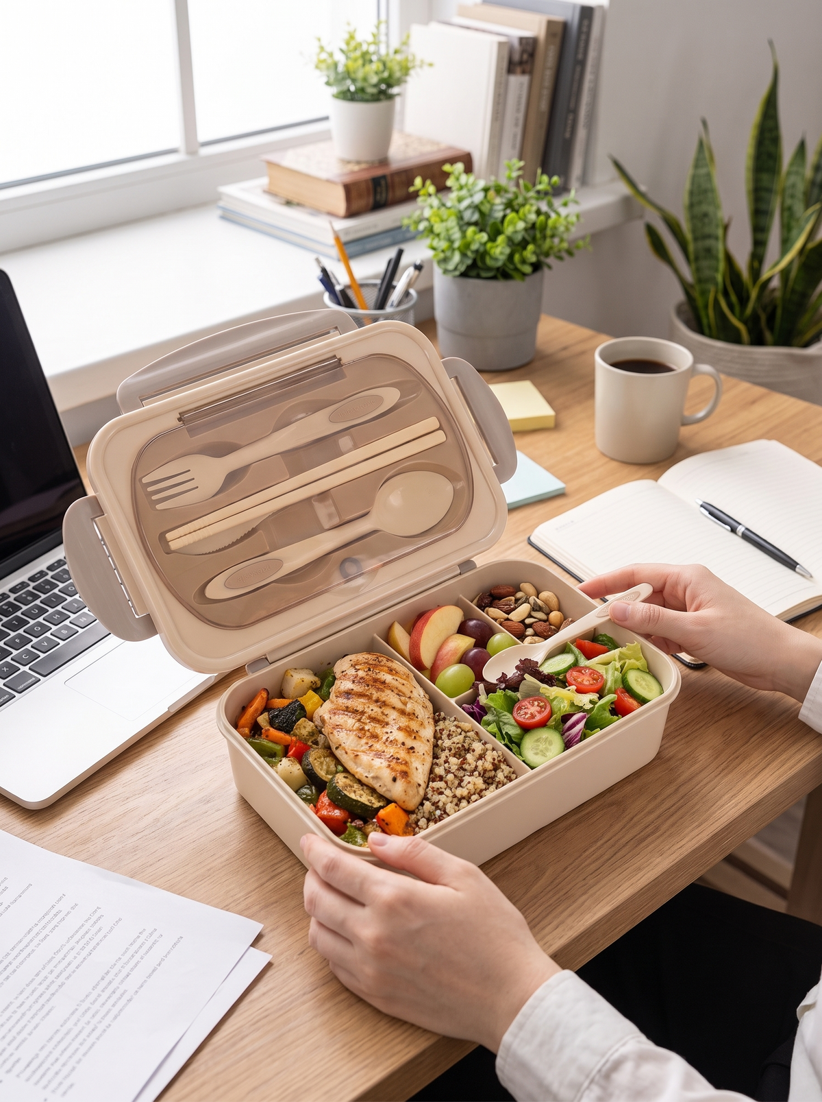 Four compartment bento box open on a desk with a full meal