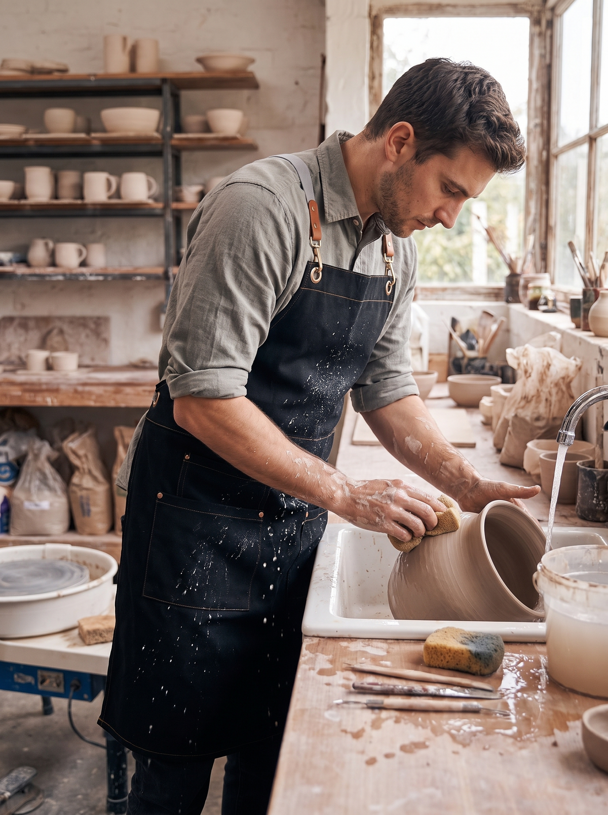 Waterproof canvas apron worn at a sink where splashes bead off