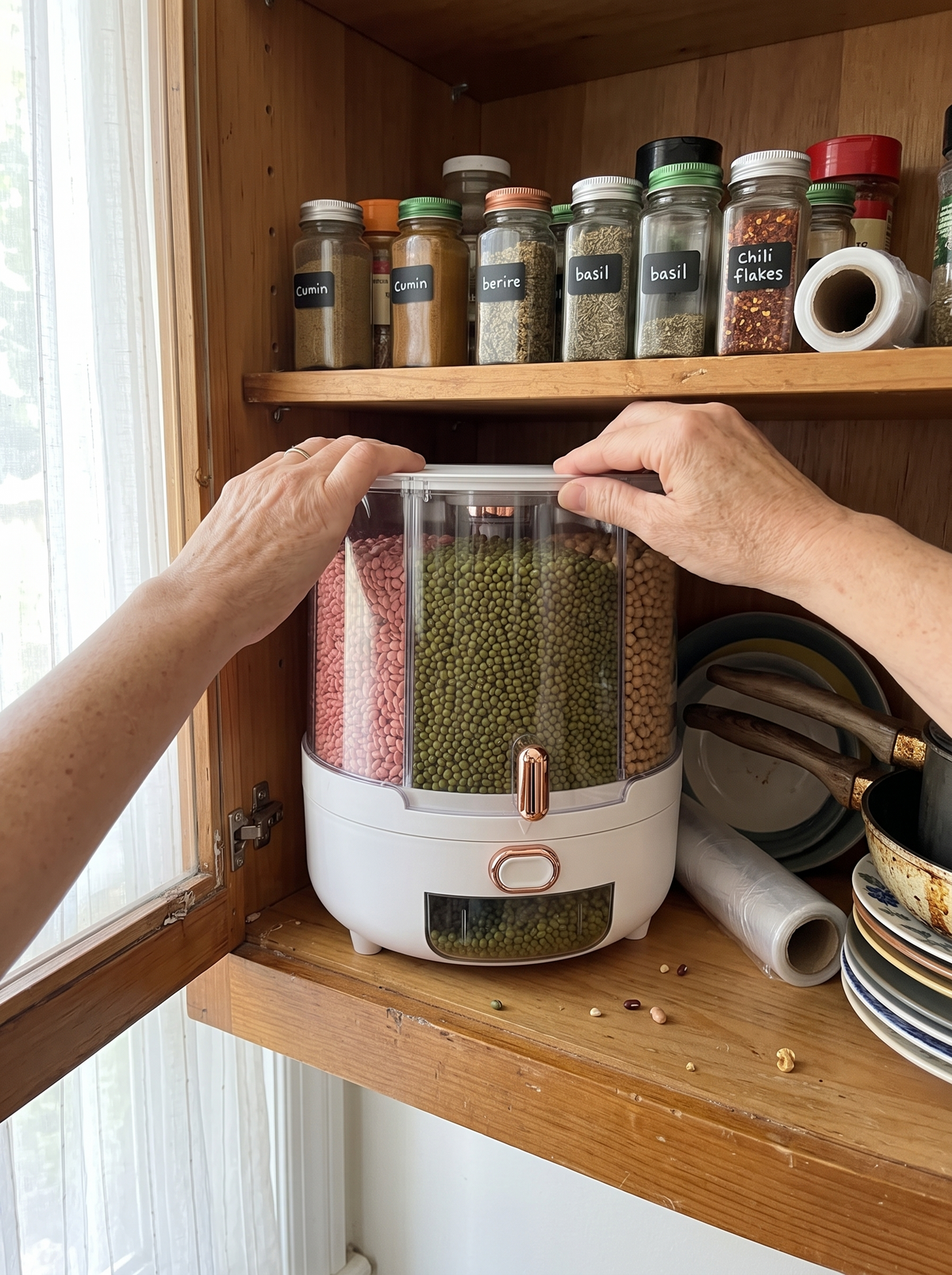 Rotating airtight container turned on a cupboard shelf to reach food at the back