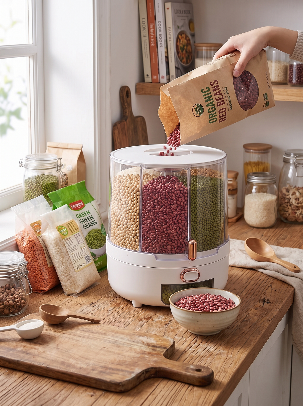 Airtight container on a kitchen counter filled from a large bag of dry food