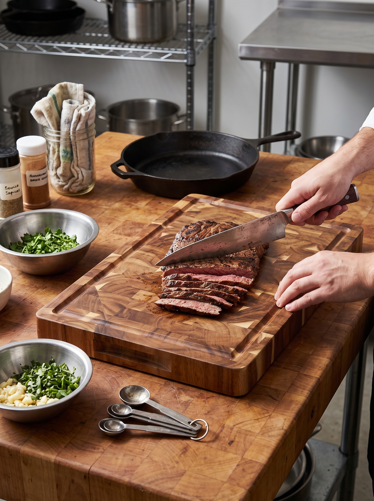 Acacia board on a solid worktop in a working kitchen