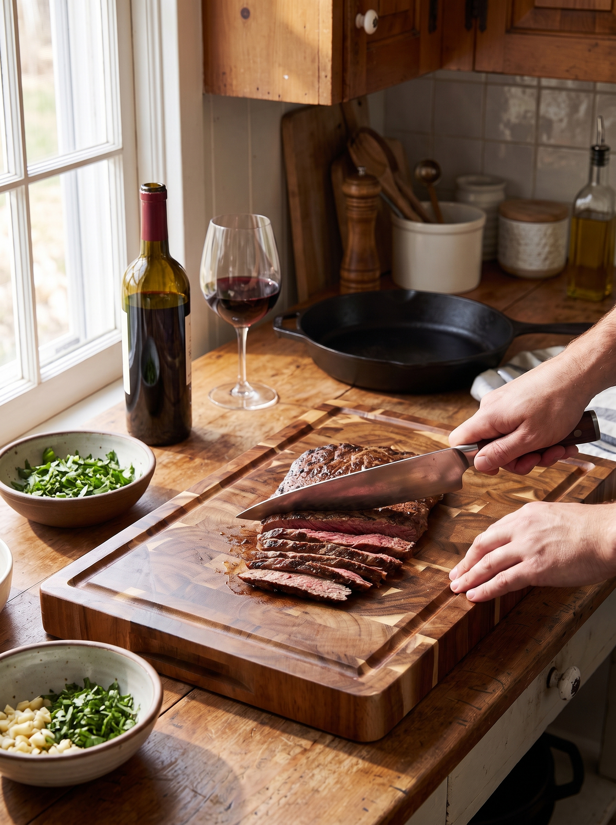 Acacia wood cutting board used for chopping on a kitchen counter