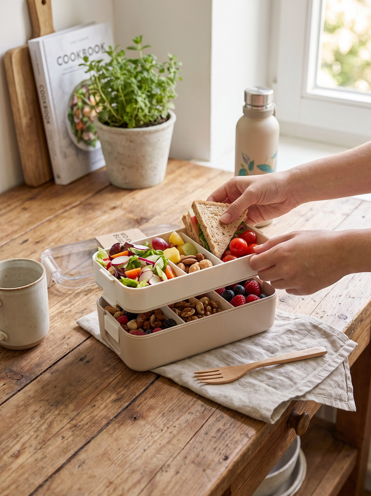 Stacked three tier bento box open with a packed lunch on a table