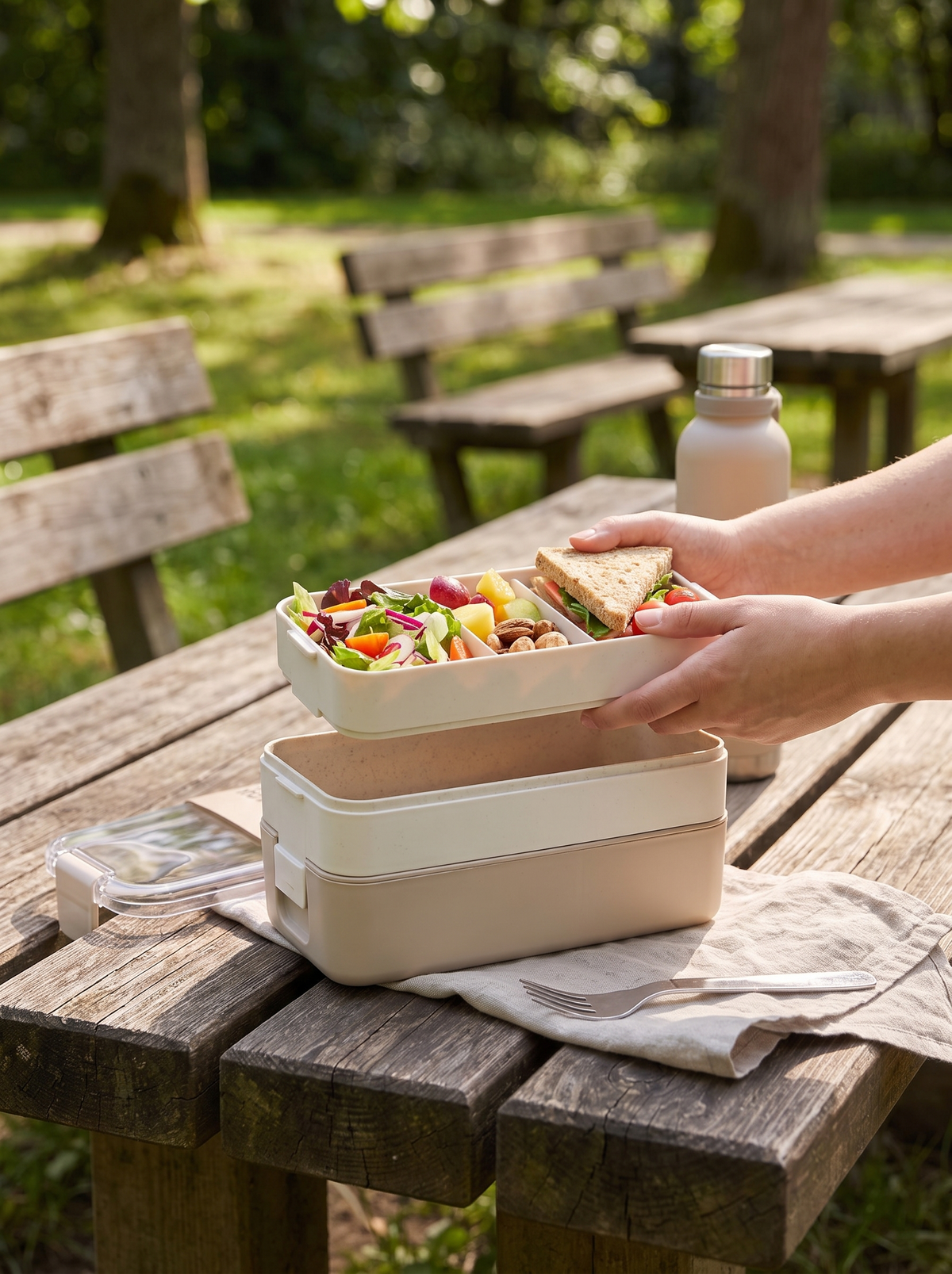 Plant fibre bento box resting on a natural wooden table
