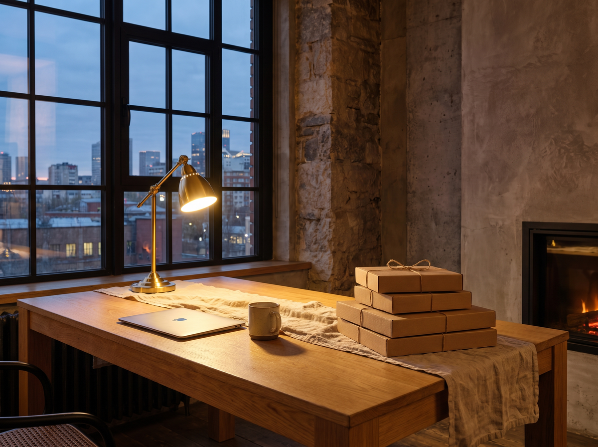 Warm evening desk with a lit lamp, packed parcels and a window view