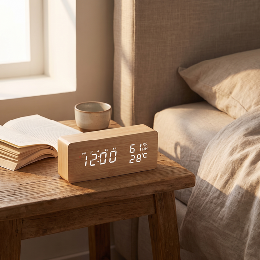 Radio-controlled wooden LED clock, rectangle, on a bedside table