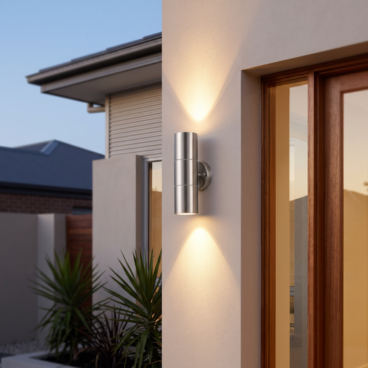Stainless steel up-down wall light on render