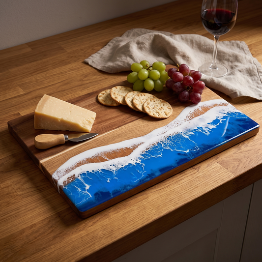 Ocean wave resin acacia serving board with cheese