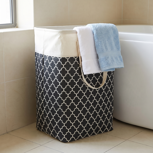 Patterned foldable laundry basket in a bathroom