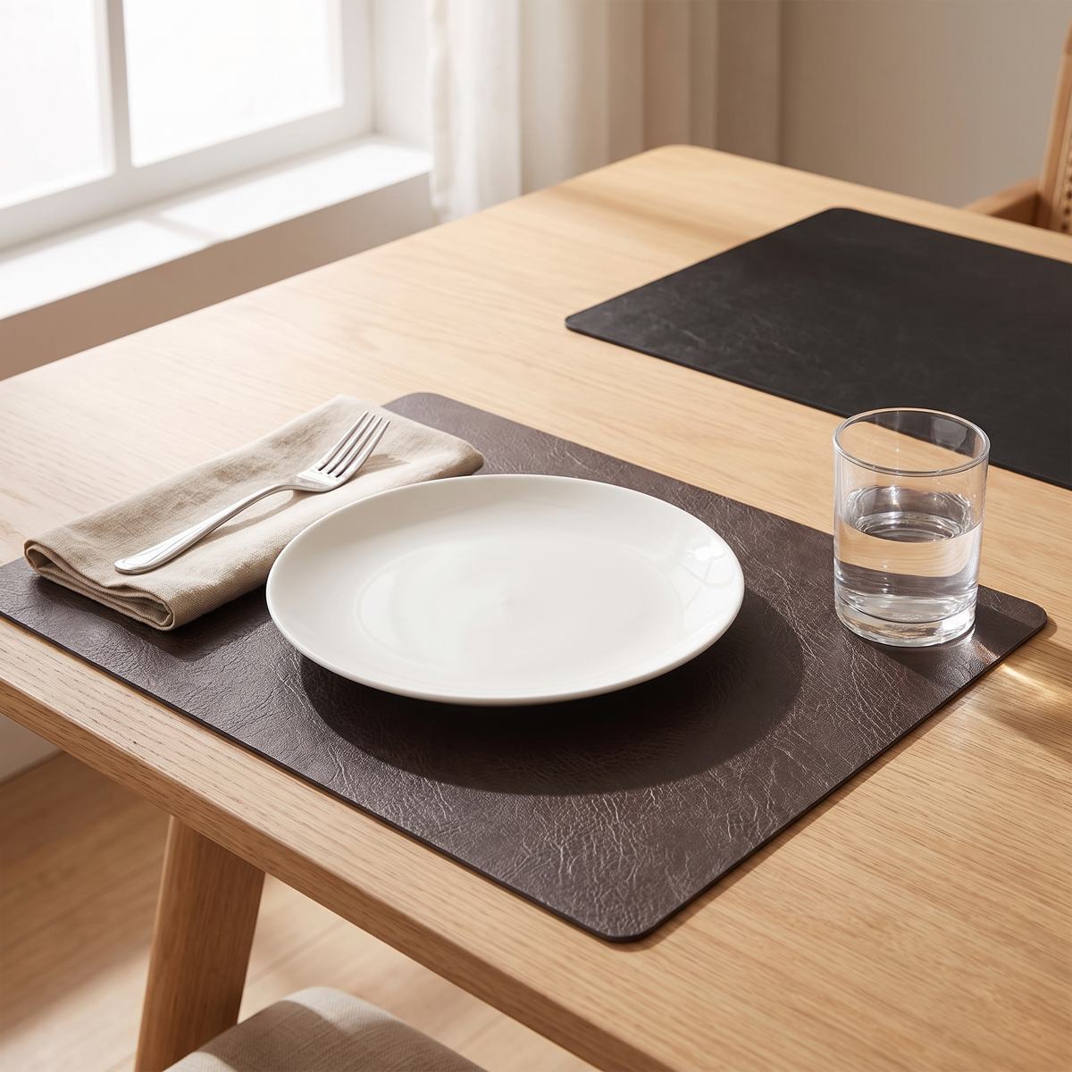 Double-sided leather placemats on an oak table