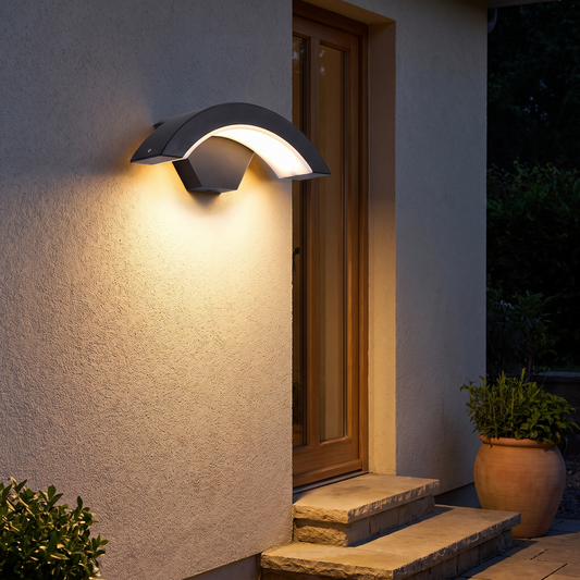 Crescent sensor wall light above exterior steps