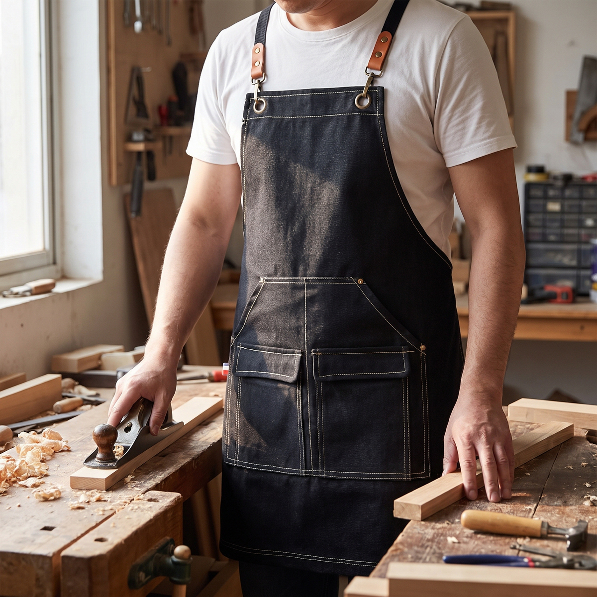 Crossback canvas work apron worn at a workbench