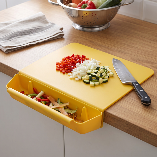Chopping board over its catch tray mid-prep