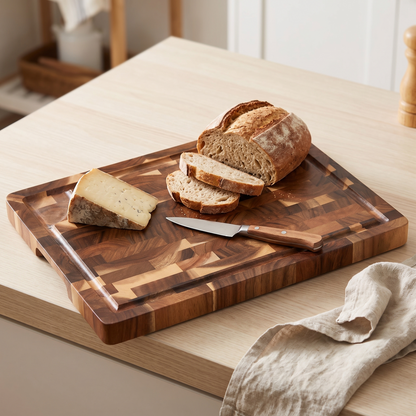 End grain acacia cutting board with bread and cheese