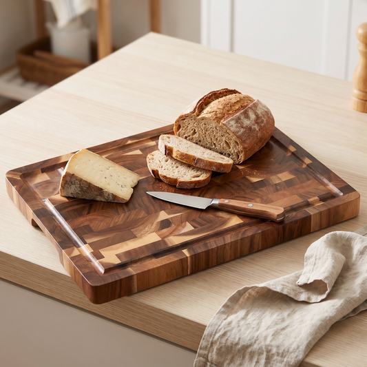 End grain acacia cutting board with bread and cheese