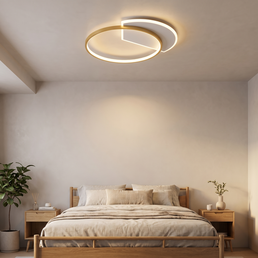 Orbit ringed flush ceiling light mounted on a bedroom ceiling