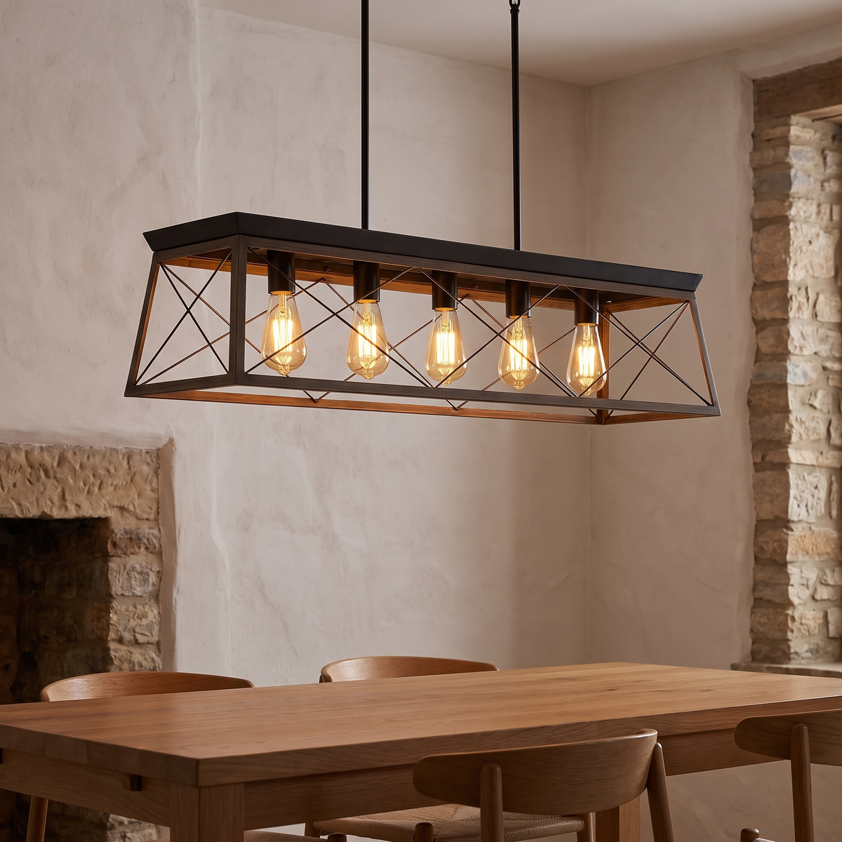 Foundry timber and iron chandelier above a dining table