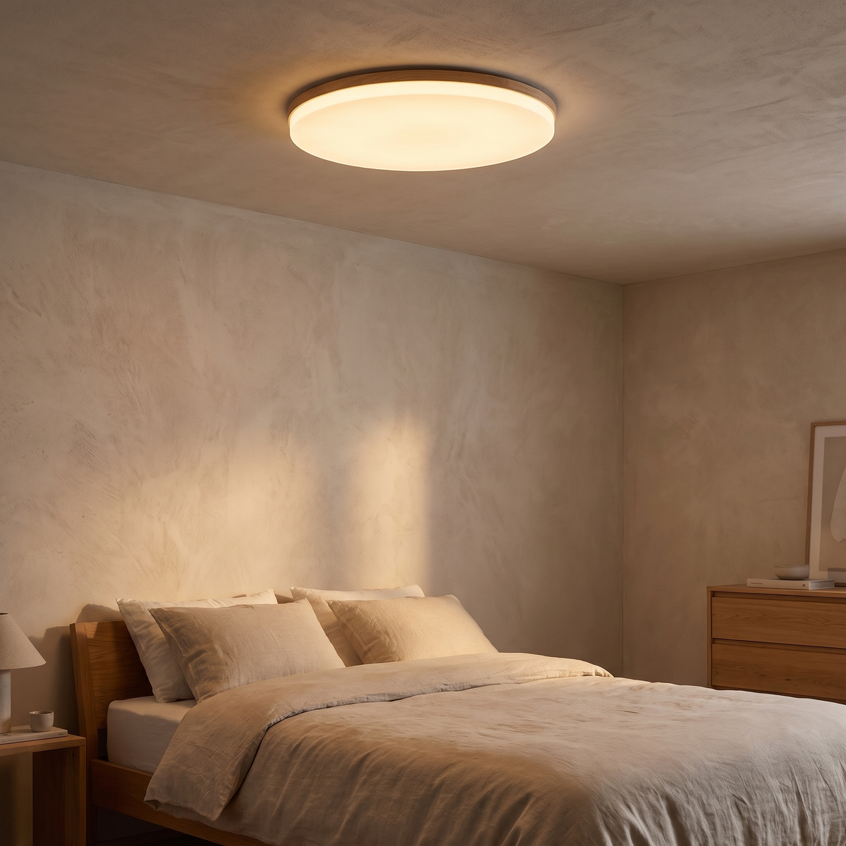 Washi slim disc ceiling light fitted close to a bedroom ceiling