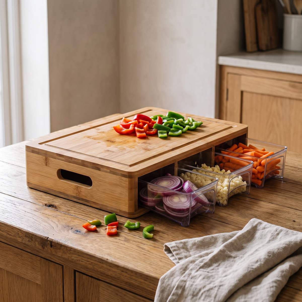 Mise bamboo prep board with pull-out trays on a kitchen counter