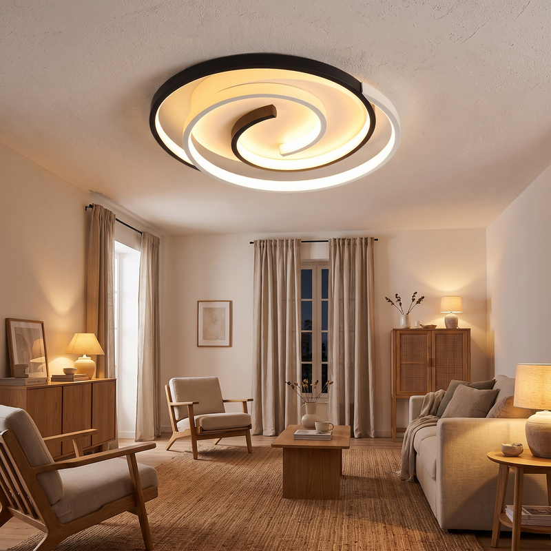Swirl spiral flush ceiling light on a living room ceiling