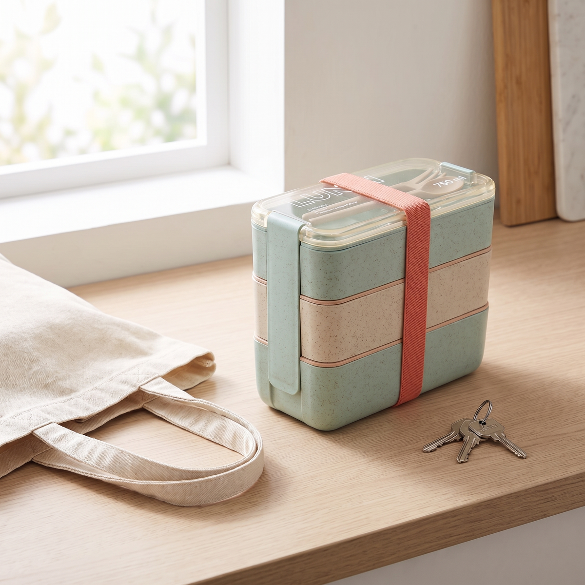 EcoStack lunch box closed and banded shut on a kitchen counter beside a tote bag