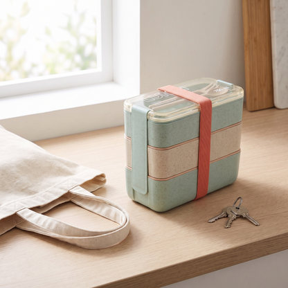 EcoStack lunch box closed and banded shut on a kitchen counter beside a tote bag